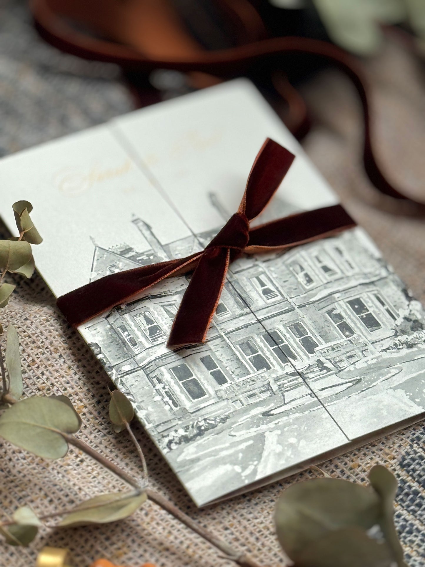 Castle Leslie Watercolour illustration by Perfect Day Print, Modern Wedding Stationery with Brown Velvet Ribbon